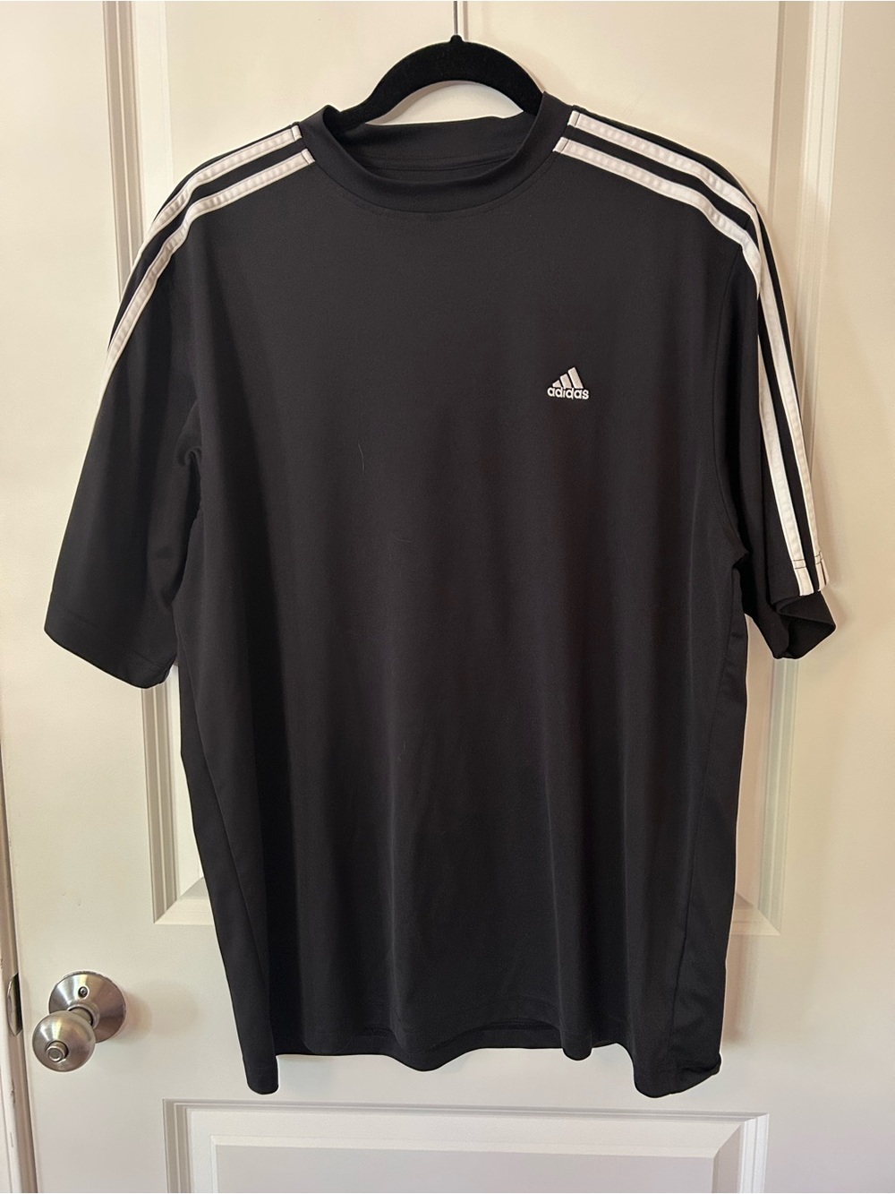 adidas Black Short-Sleeve Athletic Tee with White Shoulder Stripes